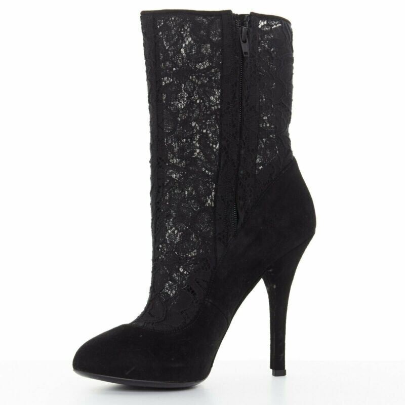 DOLCE GABBANA black floral lace mesh sock suede pump design short bootie EU39