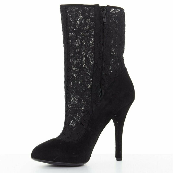 DOLCE GABBANA black floral lace mesh sock suede pump design short bootie EU39