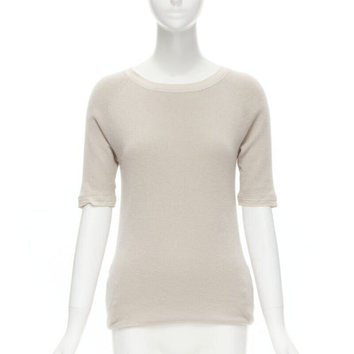 CHLOE Perle beige cashmere silk gold zip back short sleeve sweater S