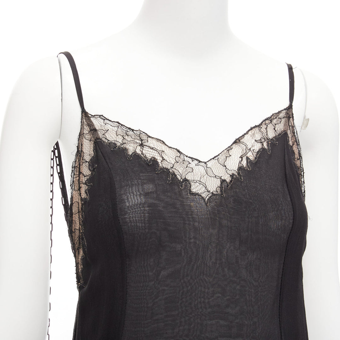 GIANNI VERSACE Vintage black punk chain detail lace trim sheer long gown IT38 XS