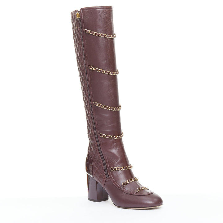 CHANEL 2017 Karl Lagerfeld burgundy lambskin gold chain quilted boots EU36.5