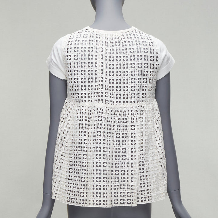 SACAI LUCK white eyelet flared back babydoll short sleeve tshirt top JP1 S