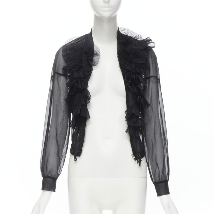 Runway COMME DES GARCONS Vintage 1990 black sheer pleated ruffle bomber jacket S