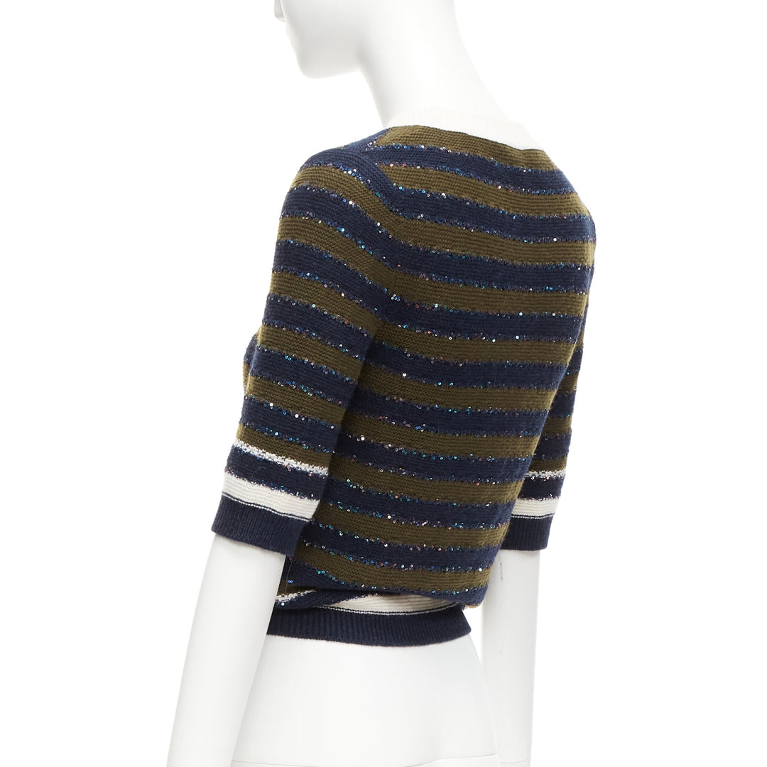 CHANEL 20C navy khaki sequin cashmere blend CC logo stripe crop sweater FR34 XXS