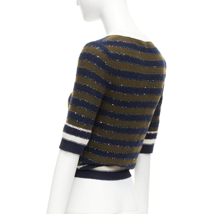 CHANEL 20C navy khaki sequin cashmere blend CC logo stripe crop sweater FR34 XXS