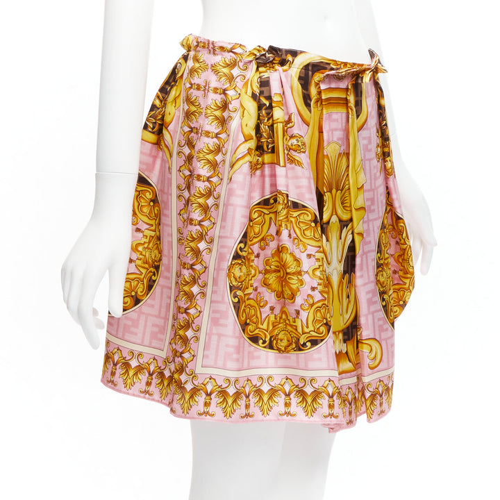 FENDACE FENDI VERSACE 2022 Runway pink gold baroque Zucca drape skirt IT42 M
