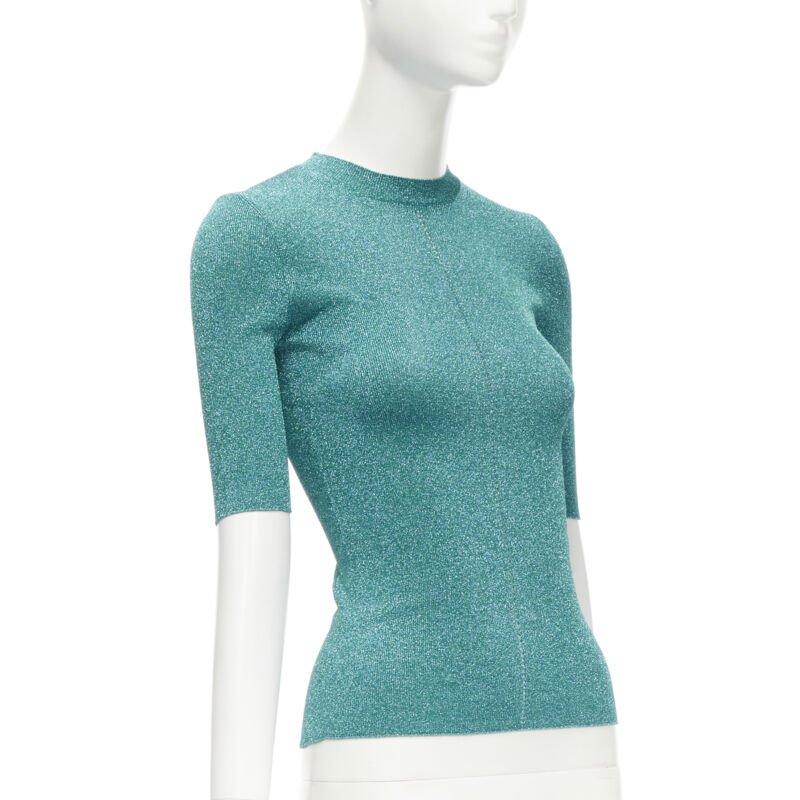SAINT LAURENT turquoise blue metallic lurex lattice seam knitted top S