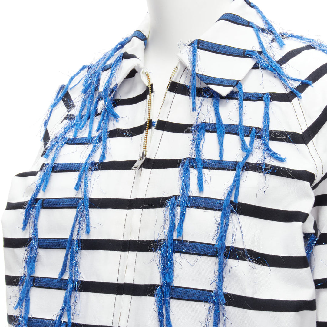 ANAIS JOURDEN blue white black striped tassel trim raglan cropped jacket FR36 S