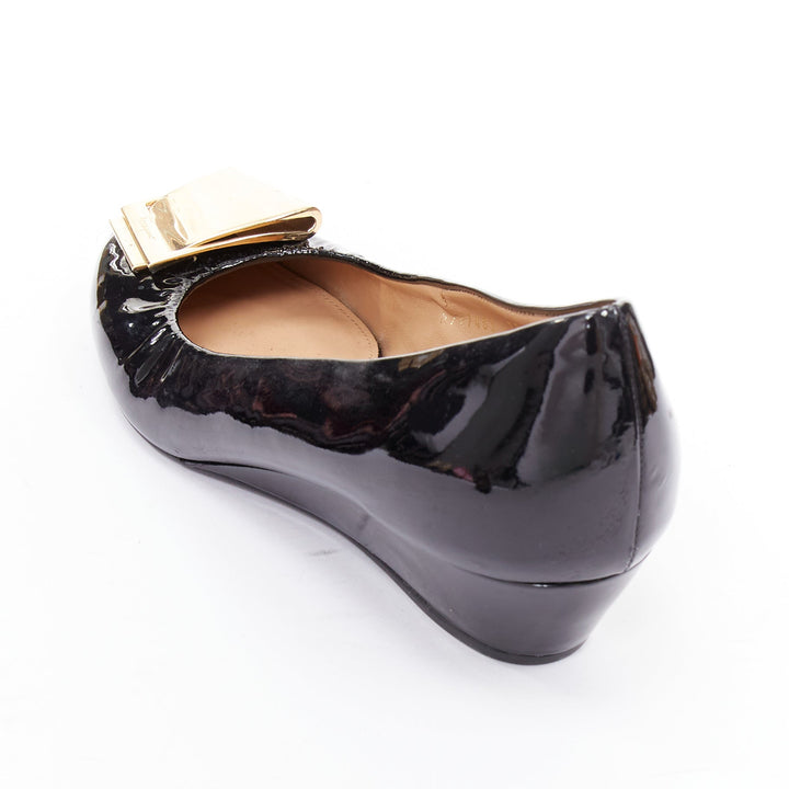 SALVATORE FERRAGAMO gold big buckle black patent leather wedges 6.5