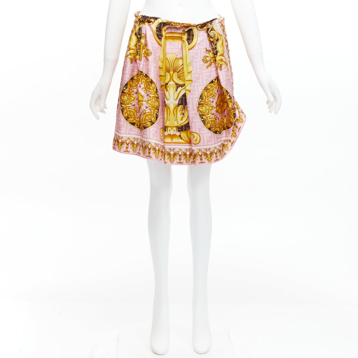 FENDACE FENDI VERSACE 2022 Runway pink gold baroque Zucca drape skirt IT42 M