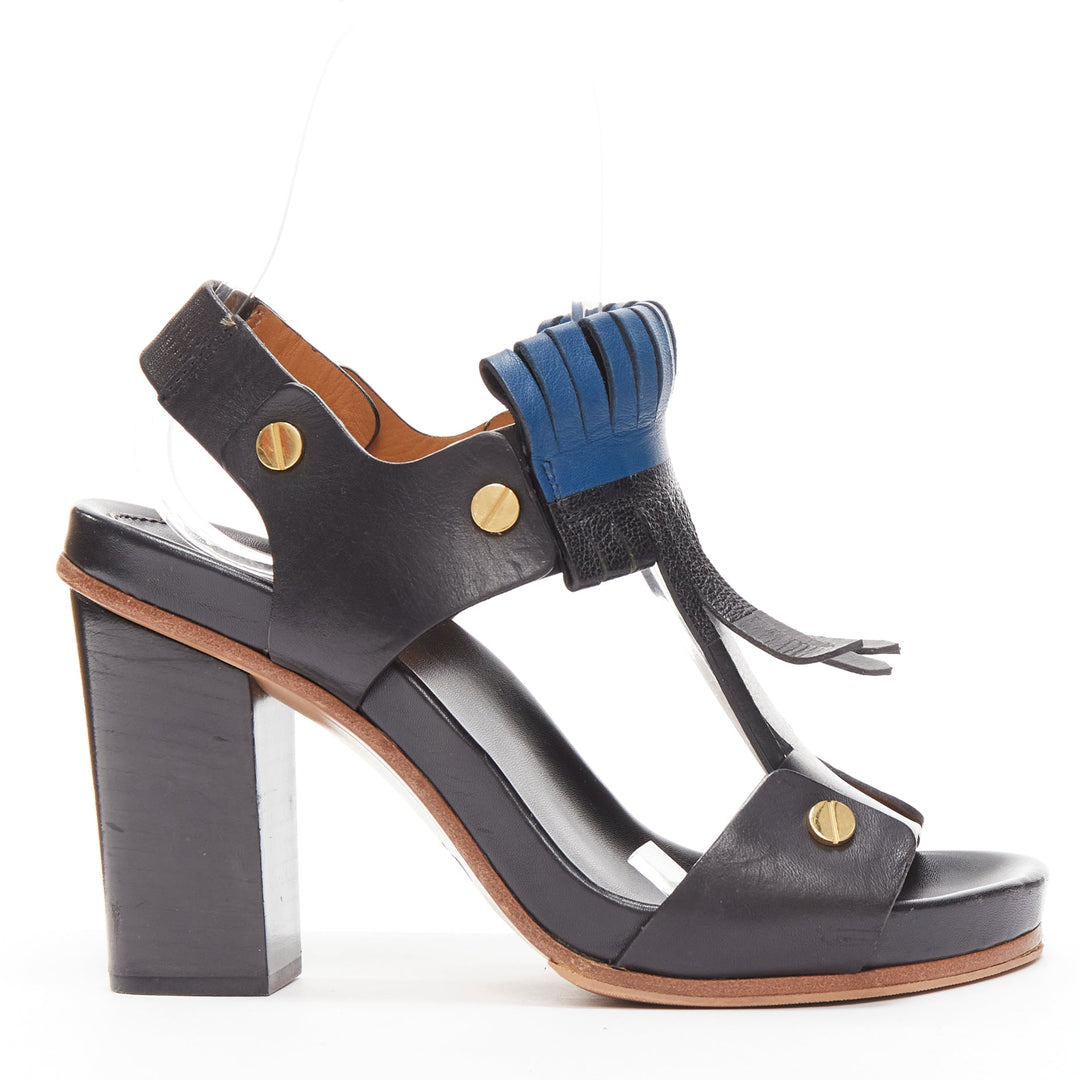 CHLOE black blue fringe detail gold nail grommet block heel sandal EU37