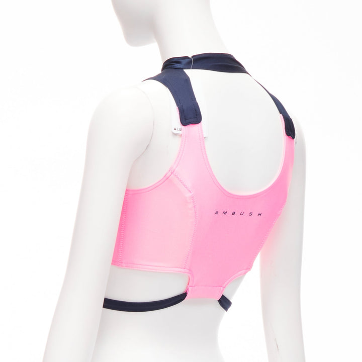 AMBUSH pink navy panelled logo back waist tie cropped sports top Size 1 S