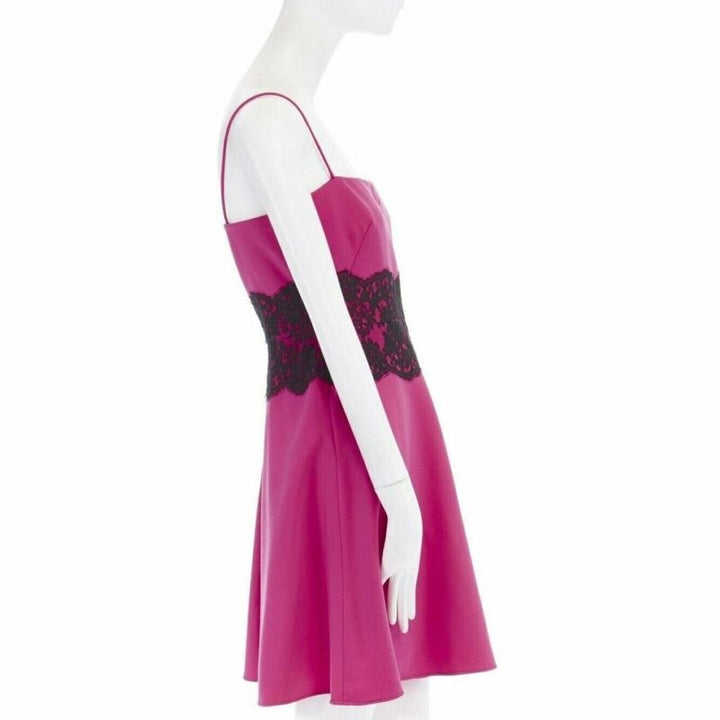 VALENTINO pink wool blend black lace trimmed waist flared skirt dress IT42 M