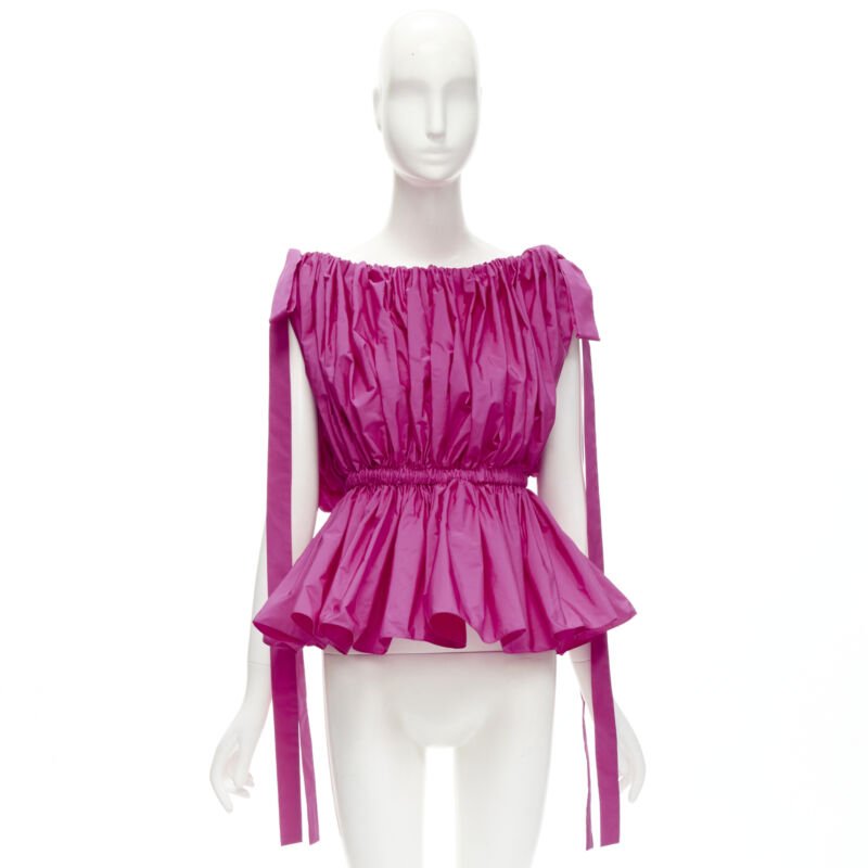 ALEXANDER MCQUEEN 2021 fuschia pink crinkled bow tie shoulder peplum top IT38 XS