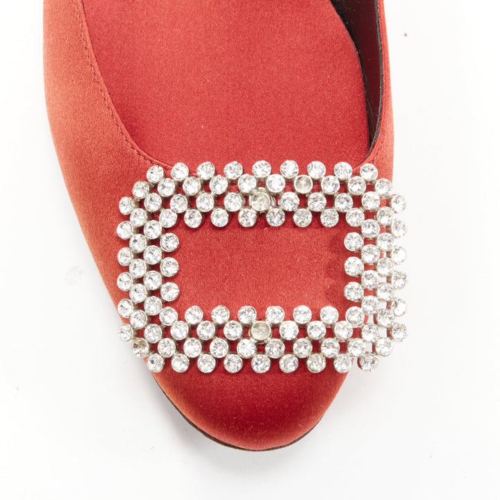 ROGER VIVIER red satin silver strass crystal buckle classic dress flats EU36.5