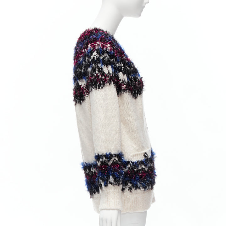 CHANEL pink blue fluffy lurex cream intarsia crystal CC button cardigan FR36 S