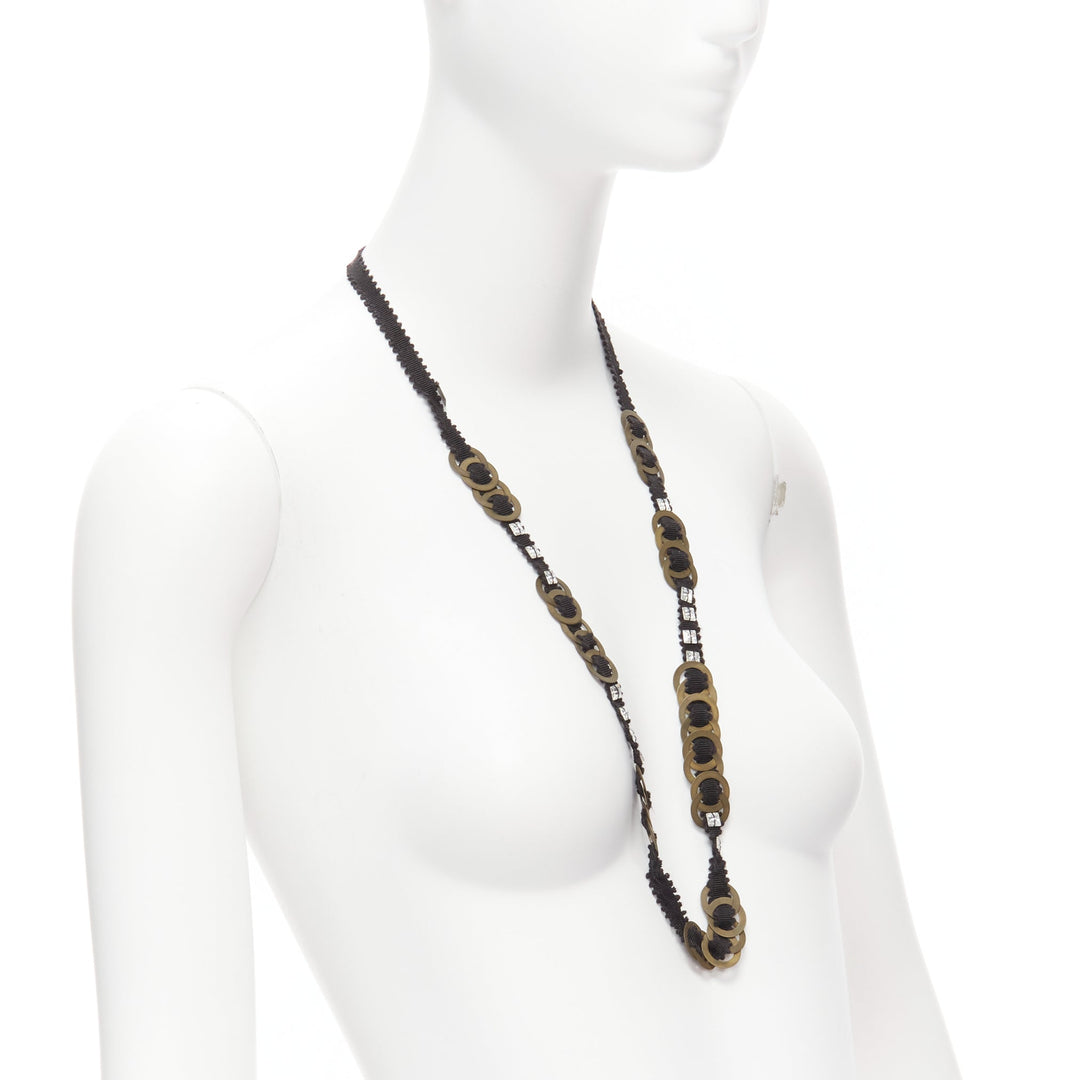 CHAMOREL black grosgrain ribbon clear crystal bronze rings long necklace