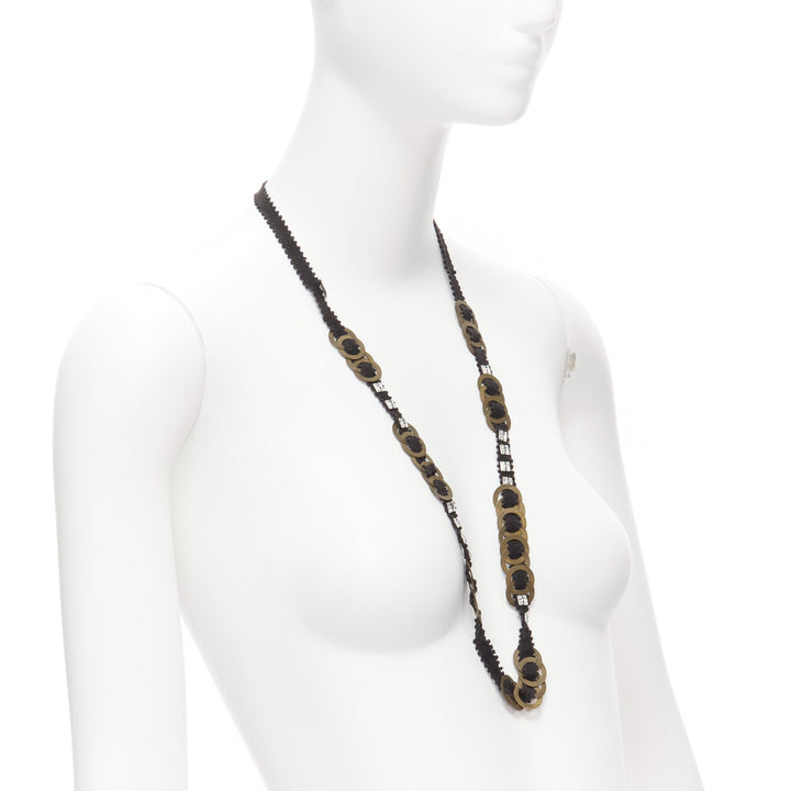 CHAMOREL black grosgrain ribbon clear crystal bronze rings long necklace