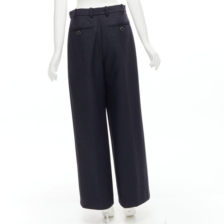 CHANEL  metallic black pleated front chain trimmed wide leg pants FR40 M