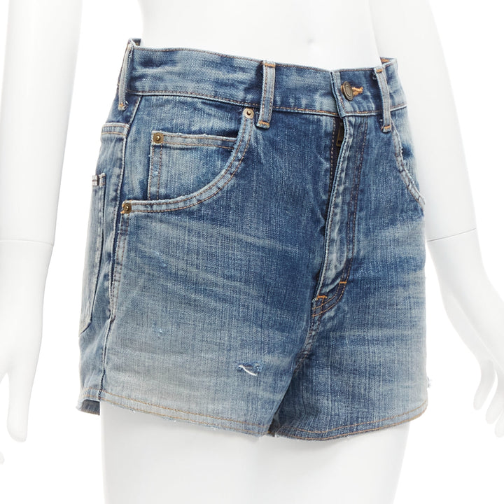 SAINT LAURENT 2020 blue distressed washed denim high waisted shorts 29"