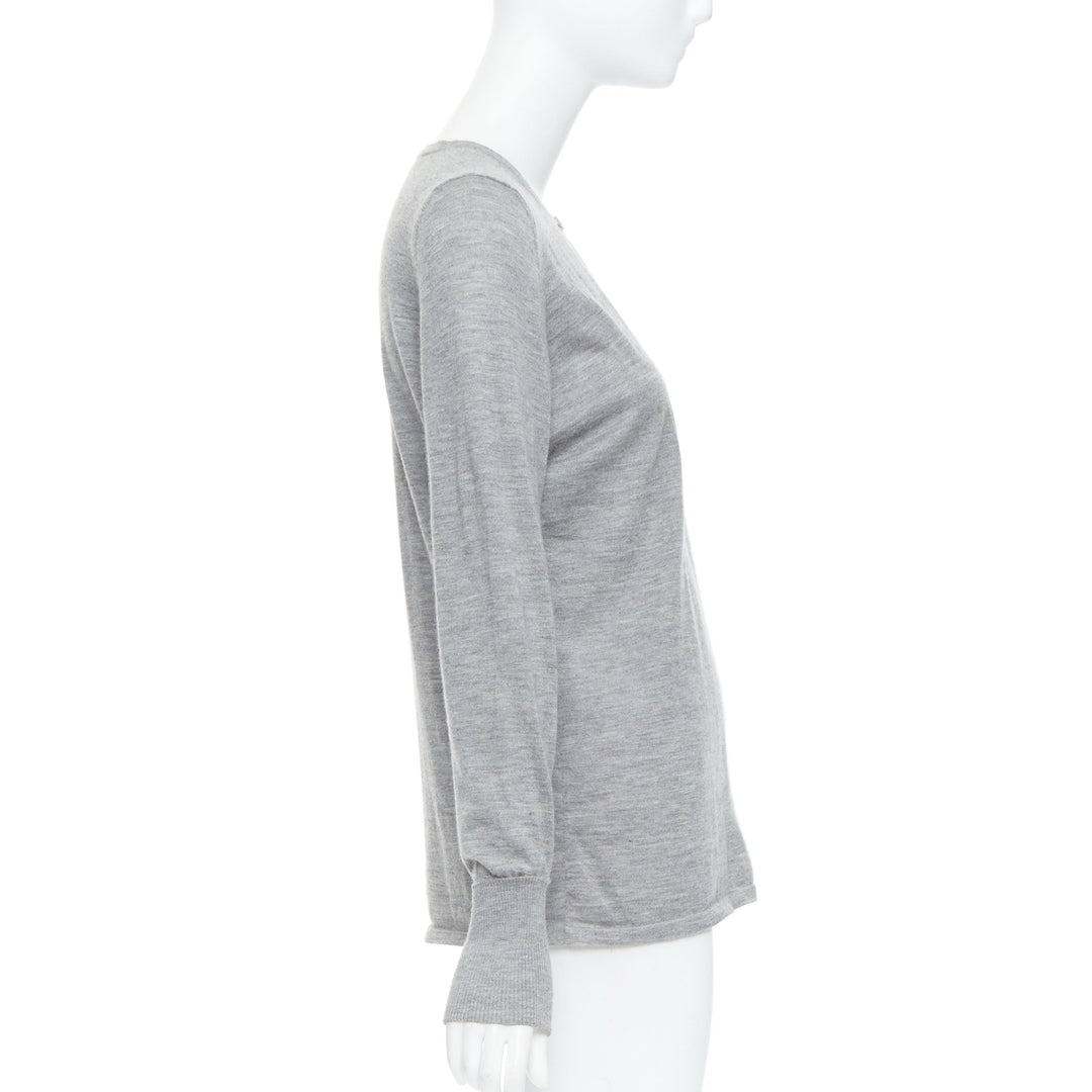 CHANEL 100% cashmere grey Camellia CC button keyhole sweater FR44 XXL