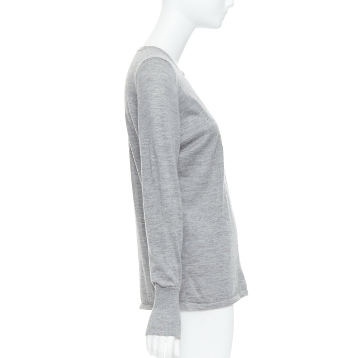 CHANEL 100% cashmere grey Camellia CC button keyhole sweater FR44 XXL