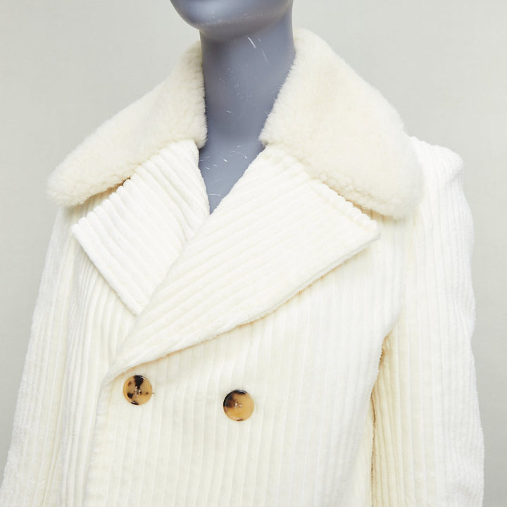 SAINT LAURENT 2021 off white shearling collar cotton corduroy coat FR38 M