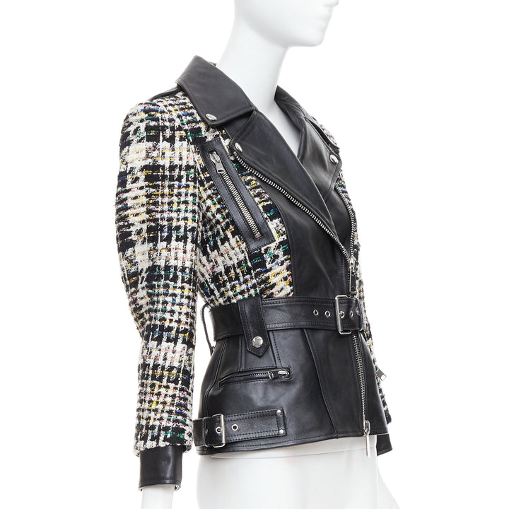 ALEXANDER MCQUEEN 2023 Hybrid punk black leather tweed biker jacket IT36 XXS
