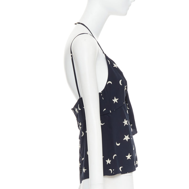 CHANEL 2008 navy off white 100% silk CC logo moon star bow camisole FR36 S
