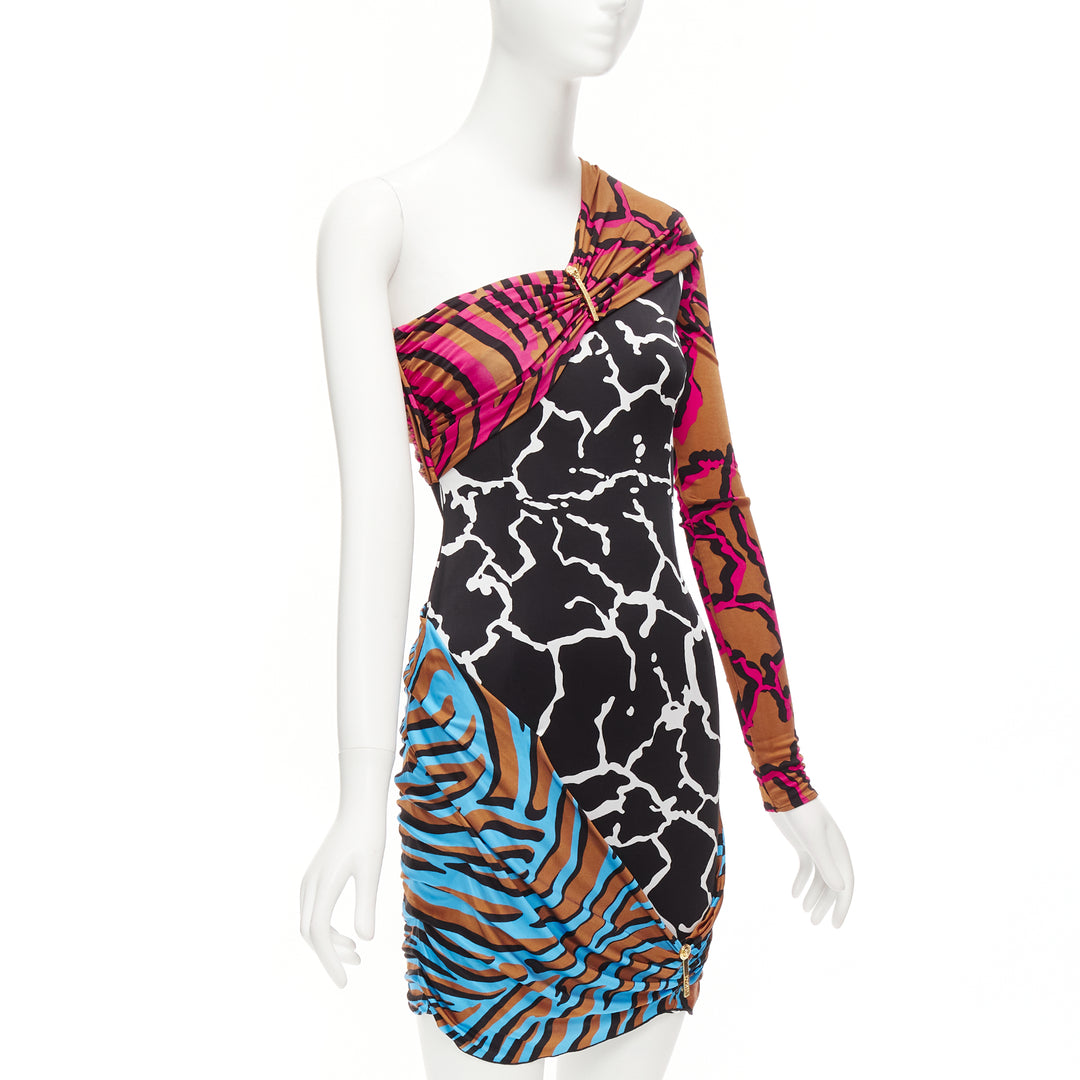 VERSACE Runway mixed giraffe print gold logo clip body con wiggle dress IT36 XXS