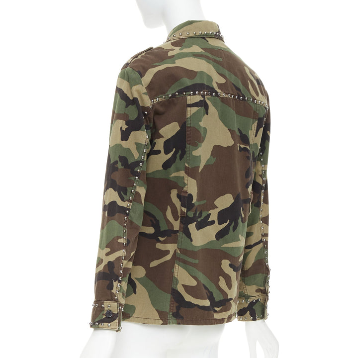 SAINT LAURENT 2015 green khaki camo print cotton studded army jacket XS