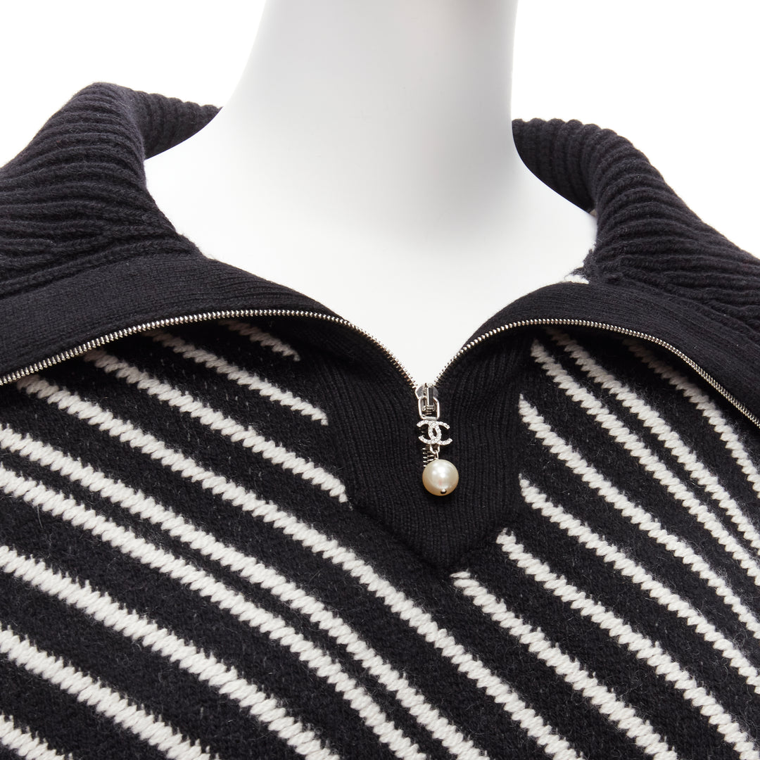 CHANEL 100% cashmere black white stripe CC crystal logo cropped sweater FR34 XS