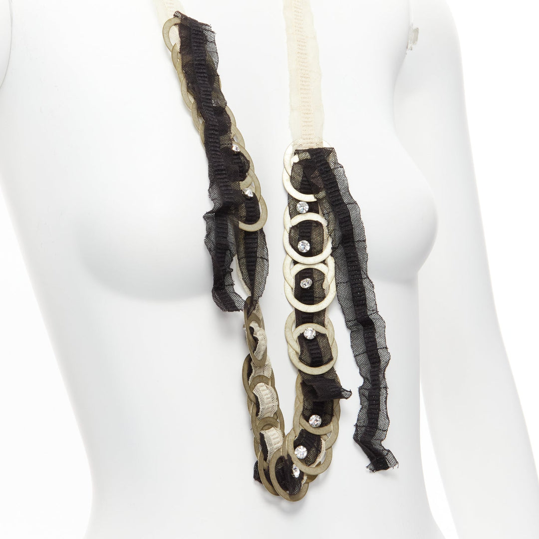 CHAMOREL black nude mesh ribbon antique gold circle coin crystal long necklace
