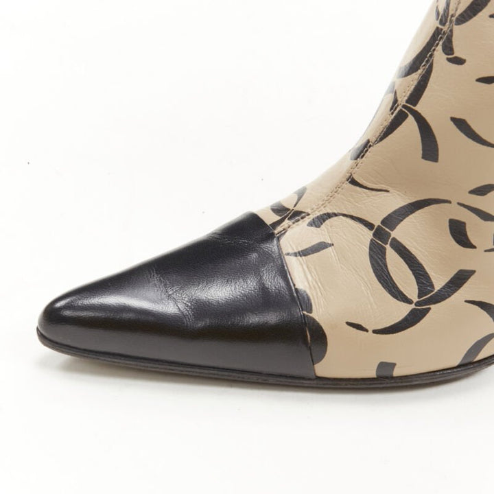 rare CHANEL 00A beige nude marked CC logo toe cap ankle bootie EU37