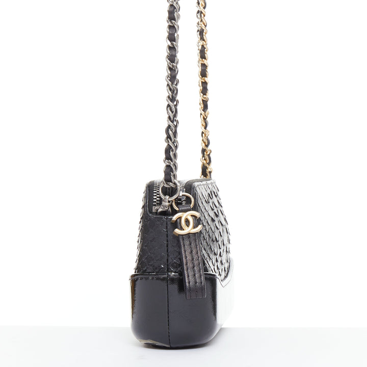 CHANEL Mini Gabrielle black scaled leather patent trim double CC crossbody bag