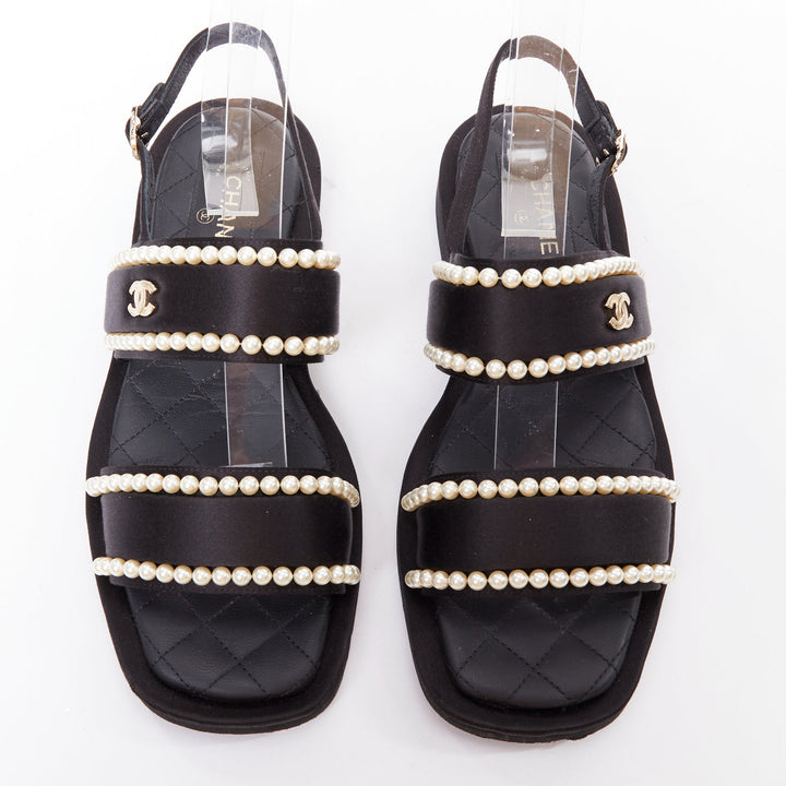 CHANEL 2022 black pearl embellished satin CC flat dad sandals EU36.5