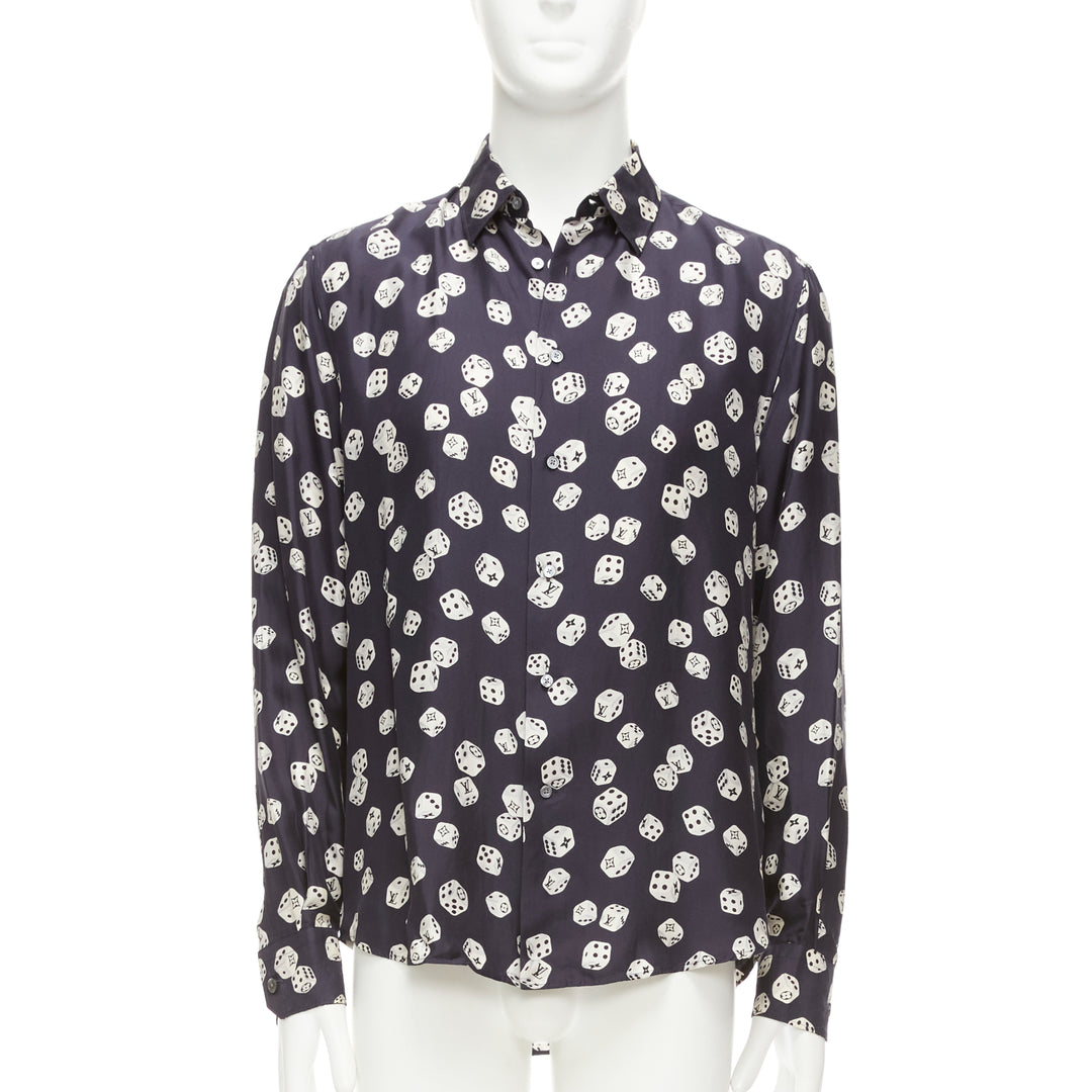 LOUIS VUITTON navy cream 100% silk LV logo dice print regular fit shirt M
