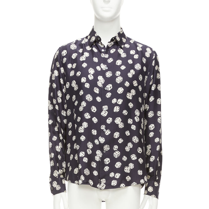 LOUIS VUITTON navy cream 100% silk LV logo dice print regular fit shirt M