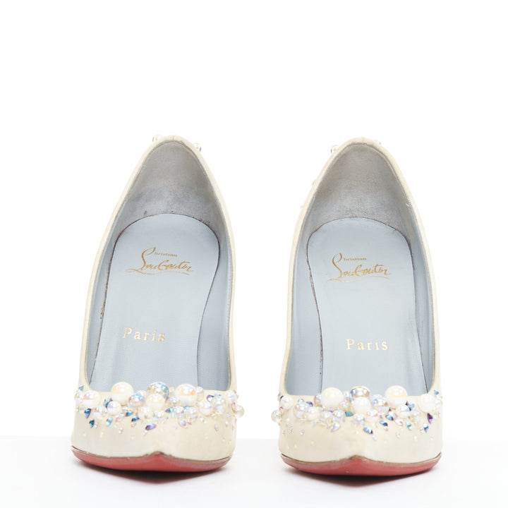 CHRISTIAN LOUBOUTIN off white satin pearl embellished bridal pumps EU35.5