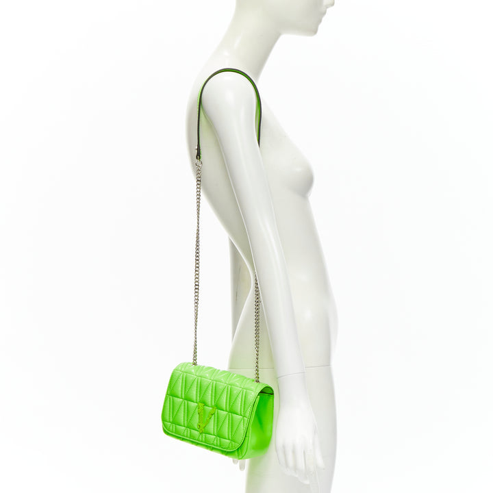 VERSACE Virtus bright green V quilted patent leather crossbody flap bag