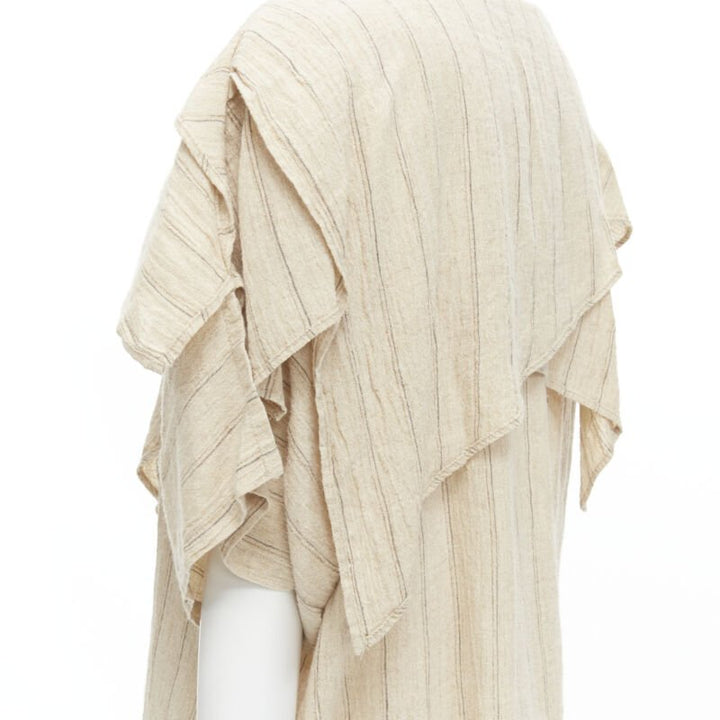 ISSEY MIYAKE 1980's Vintage beige striped linen waterfall ruffle top S Rare