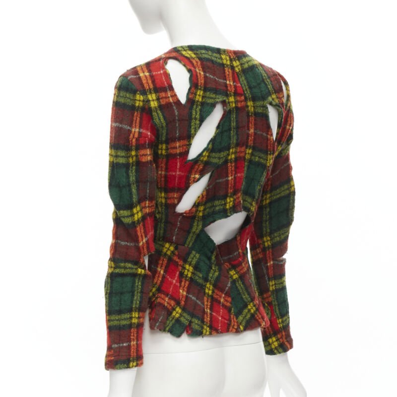 JUNYA WATANABE Vintage 1995 red punk plaid boiled wool cut out jacket S