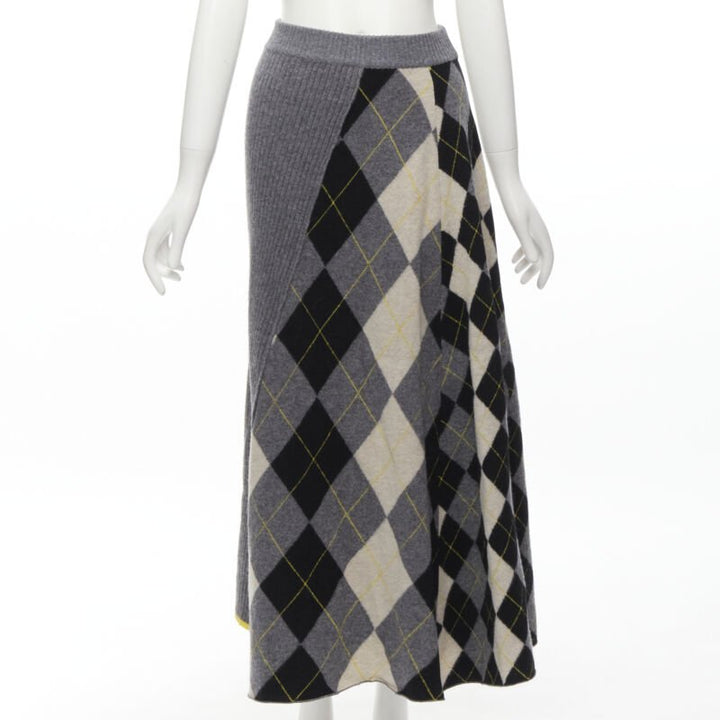 PRINGLE OF SCOTLAND wool grey argyle yellow sweater asymmetric midi skirt XS