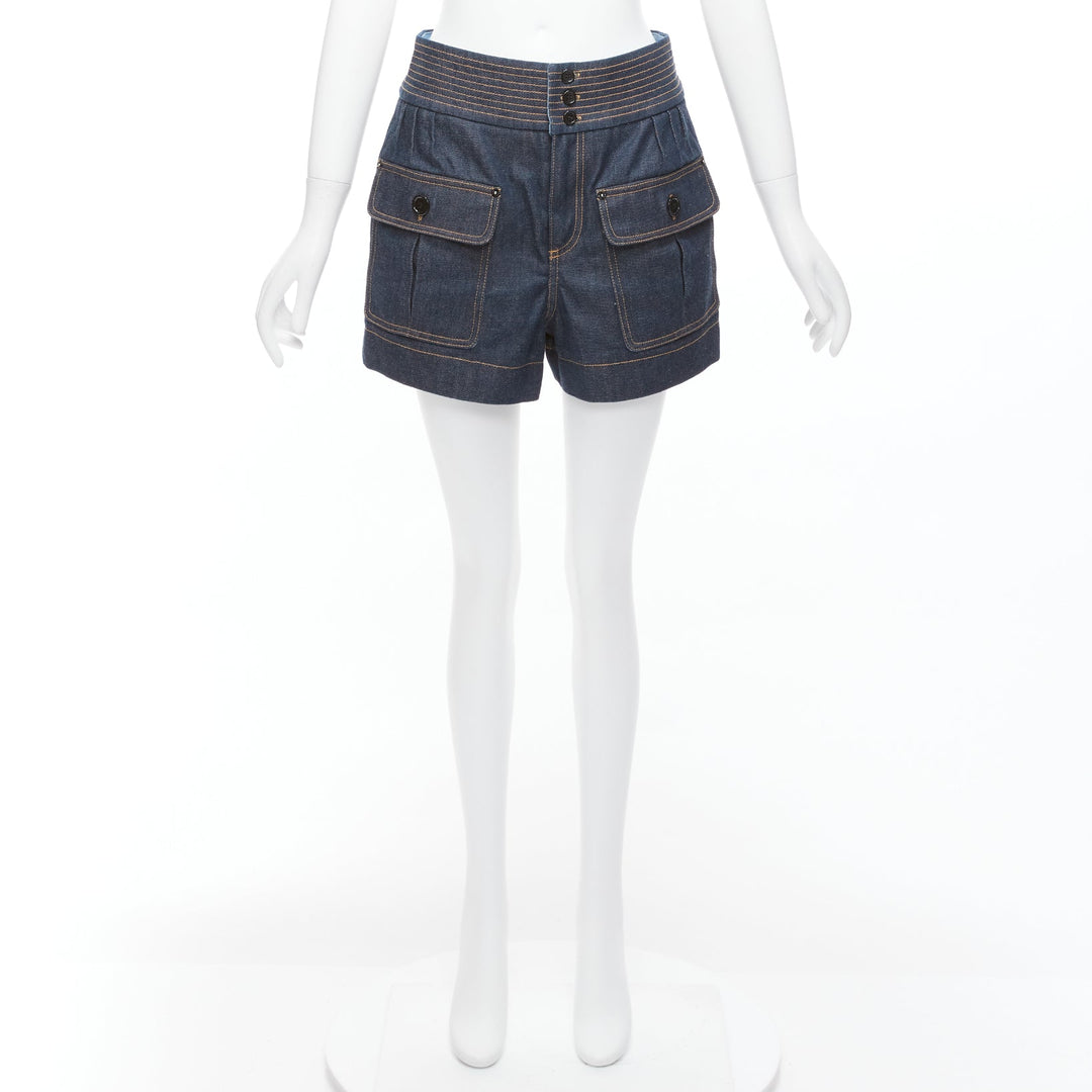 CHLOE blue cotton raw denim yellow topstitched cargo pocket shorts FR36 S