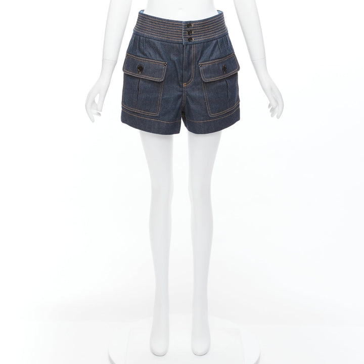 CHLOE blue cotton raw denim yellow topstitched cargo pocket shorts FR36 S