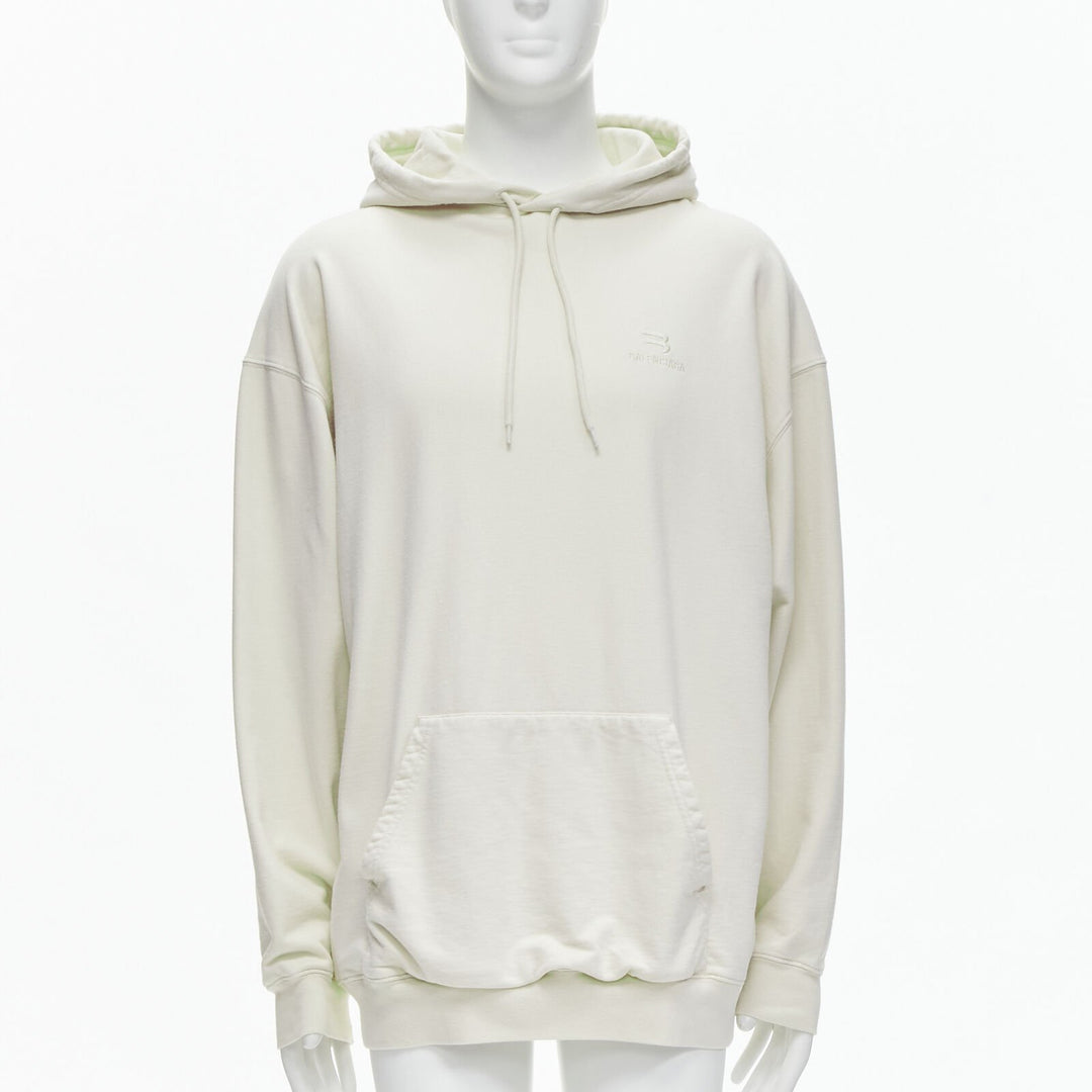 BALENCIAGA Demna 2021 ecru cotton logo embroidery oversized hoodie sweatshirt L
