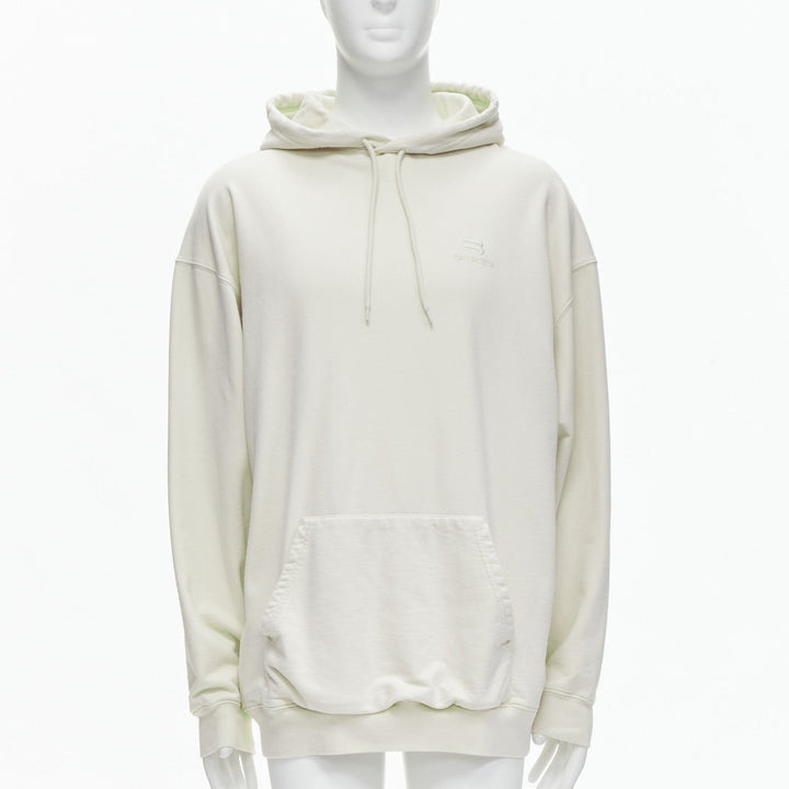 BALENCIAGA Demna 2021 ecru cotton logo embroidery oversized hoodie sweatshirt L