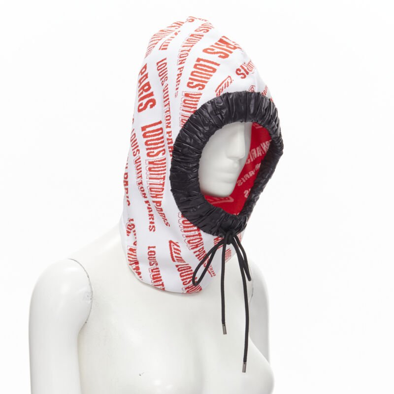 LOUIS VUITTON FORNASETTI 2021 white red logo jacquard nylon trim snood hood hat