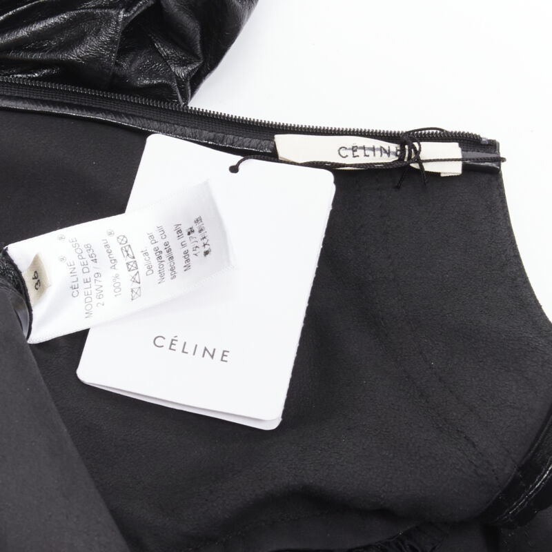 rare OLD CELINE Phoebe Philo black shiney lambskin rusched sleeve dress FR36 S