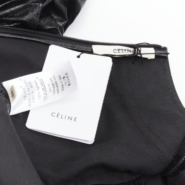 rare OLD CELINE Phoebe Philo black shiney lambskin rusched sleeve dress FR36 S